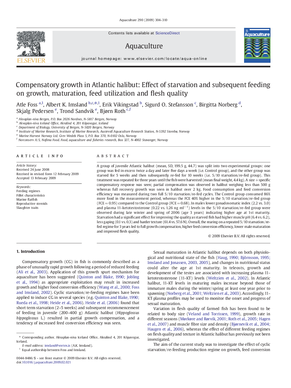 Compensatory growth in Atlantic halibut: Effect of starvation and subsequent feeding on growth, maturation, feed utilization and flesh quality