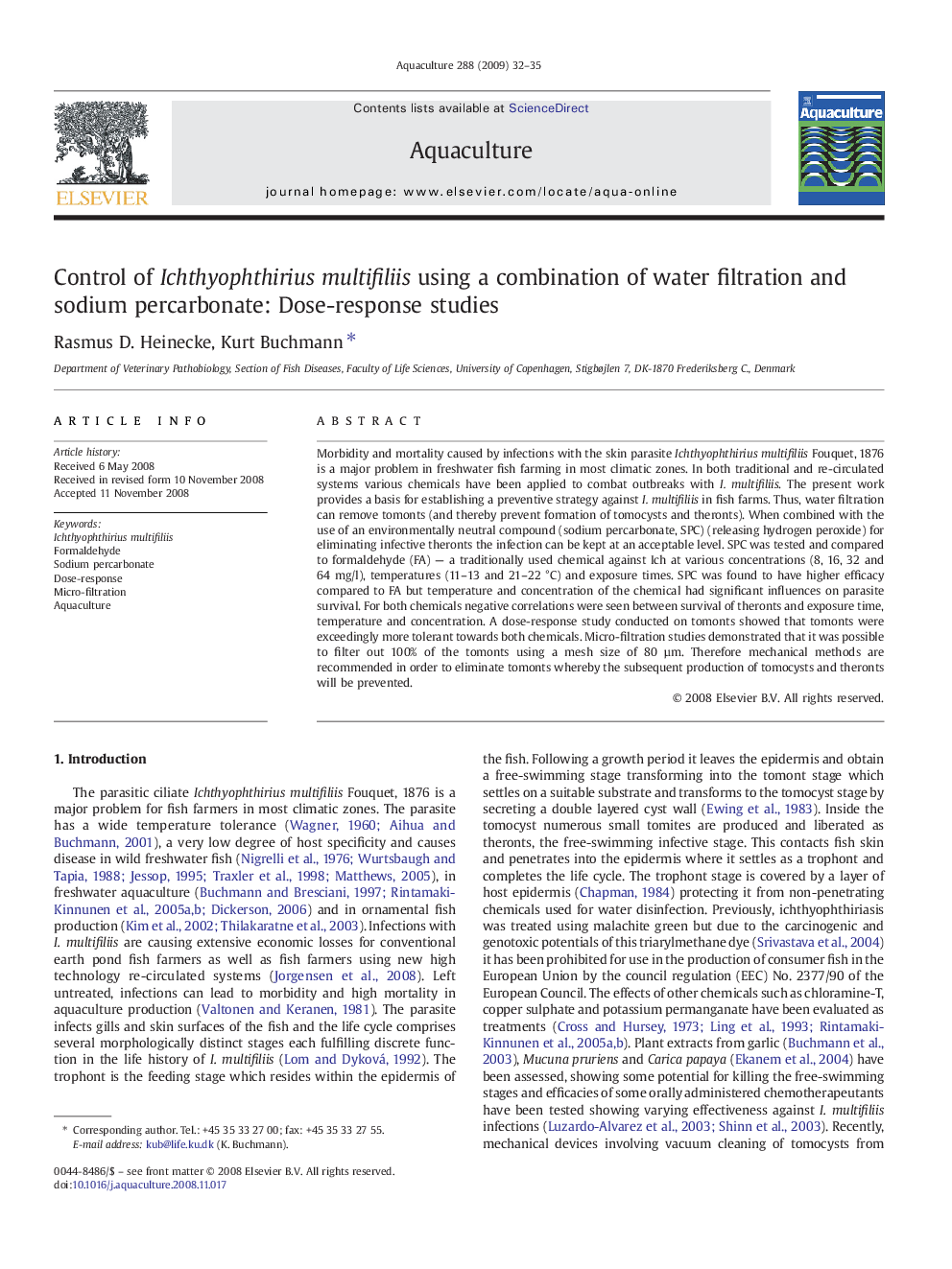 Control of Ichthyophthirius multifiliis using a combination of water filtration and sodium percarbonate: Dose-response studies