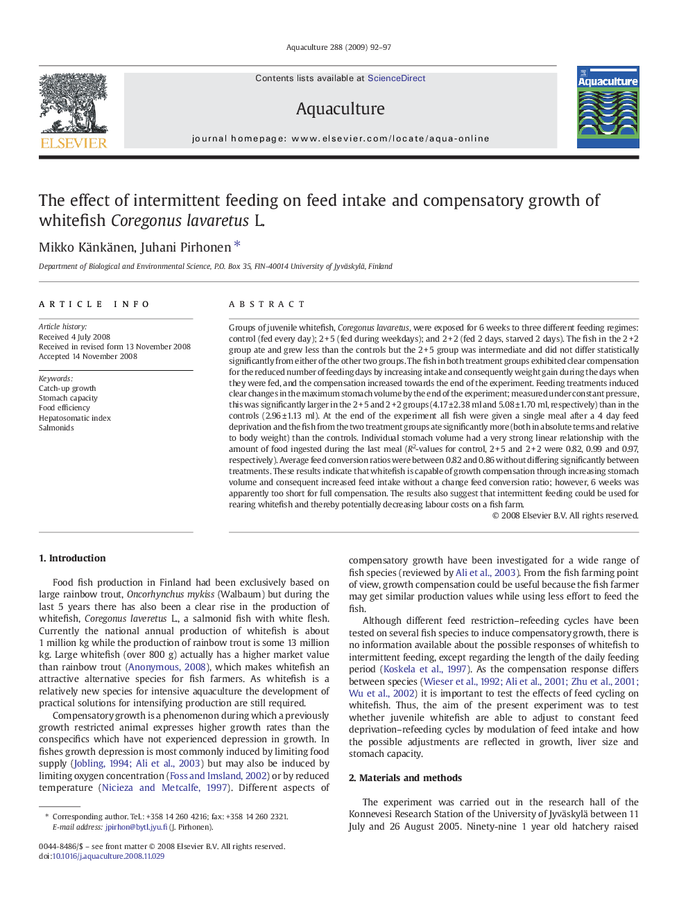 The effect of intermittent feeding on feed intake and compensatory growth of whitefish Coregonus lavaretus L.