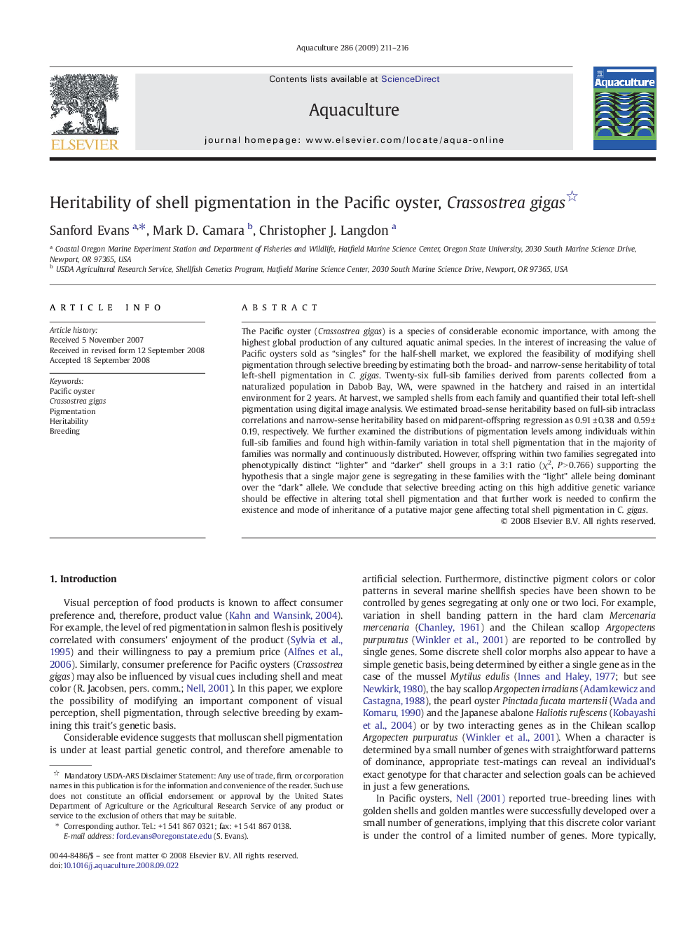 Heritability of shell pigmentation in the Pacific oyster, Crassostrea gigas 