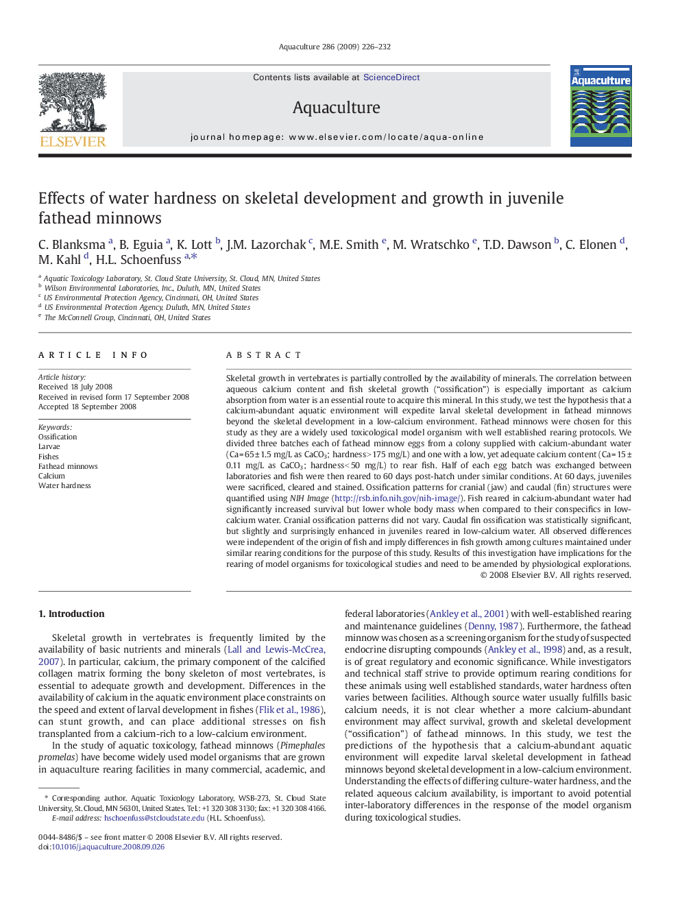 Effects of water hardness on skeletal development and growth in juvenile fathead minnows