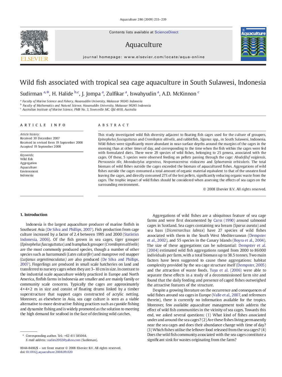 Wild fish associated with tropical sea cage aquaculture in South Sulawesi, Indonesia