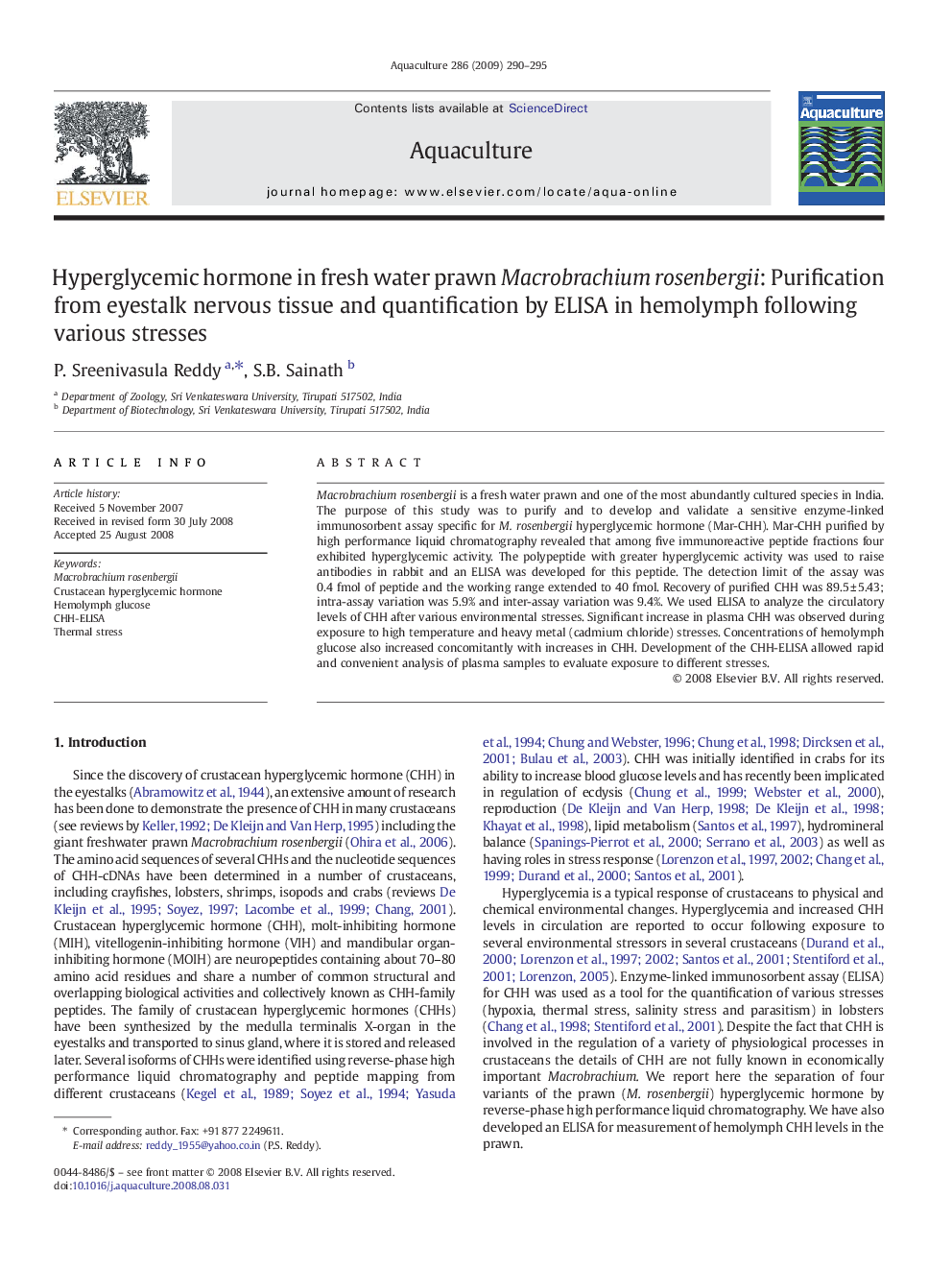 Hyperglycemic hormone in fresh water prawn Macrobrachium rosenbergii: Purification from eyestalk nervous tissue and quantification by ELISA in hemolymph following various stresses