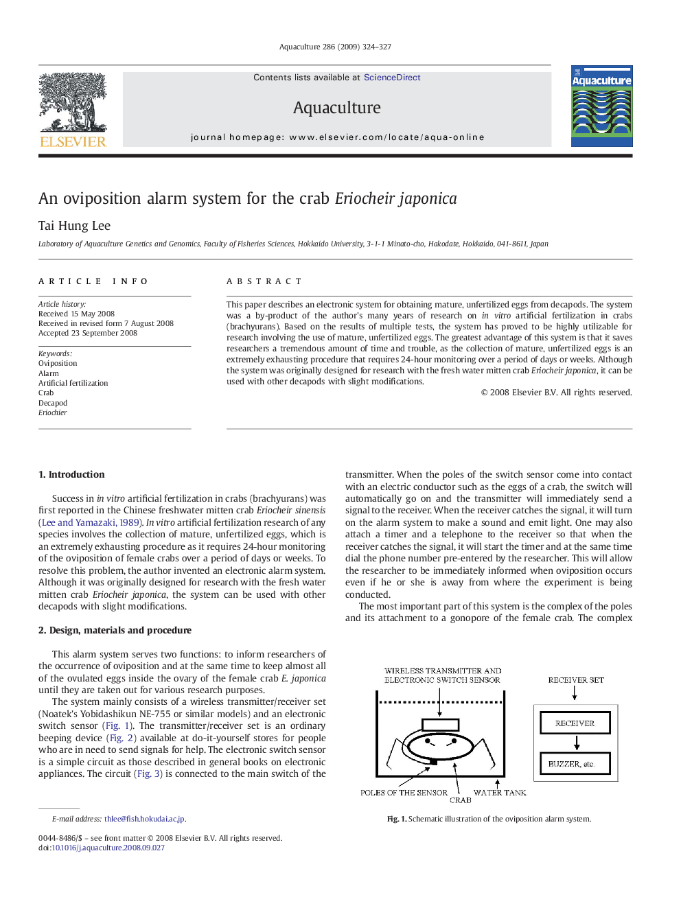 An oviposition alarm system for the crab Eriocheir japonica