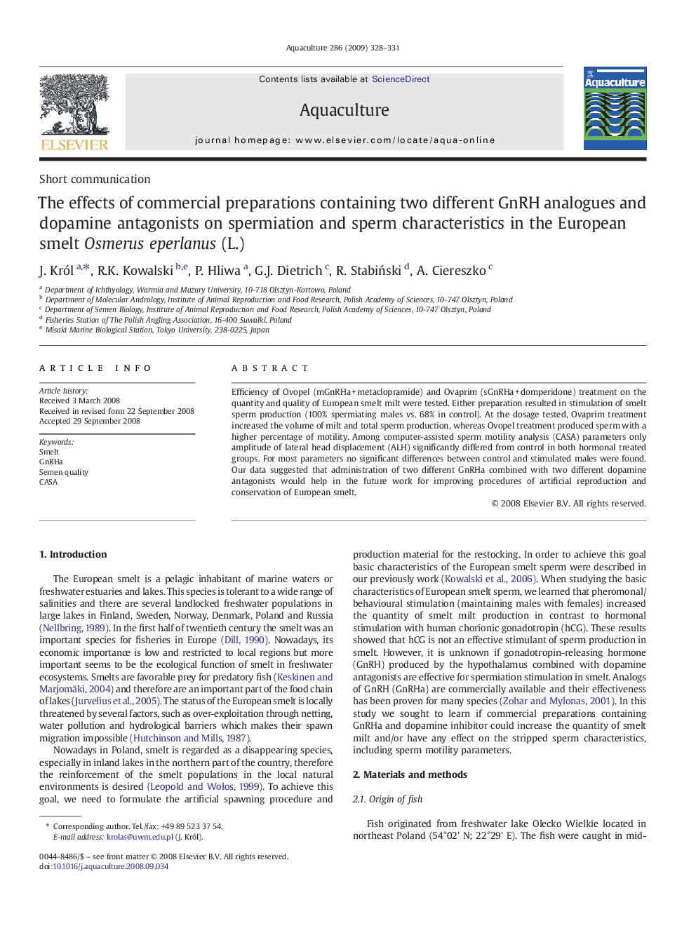 The effects of commercial preparations containing two different GnRH analogues and dopamine antagonists on spermiation and sperm characteristics in the European smelt Osmerus eperlanus (L.)