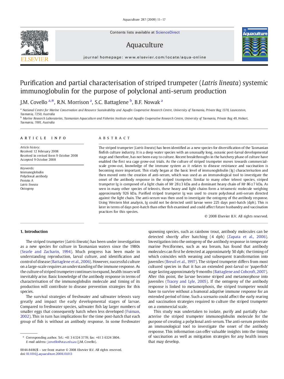 Purification and partial characterisation of striped trumpeter (Latris lineata) systemic immunoglobulin for the purpose of polyclonal anti-serum production