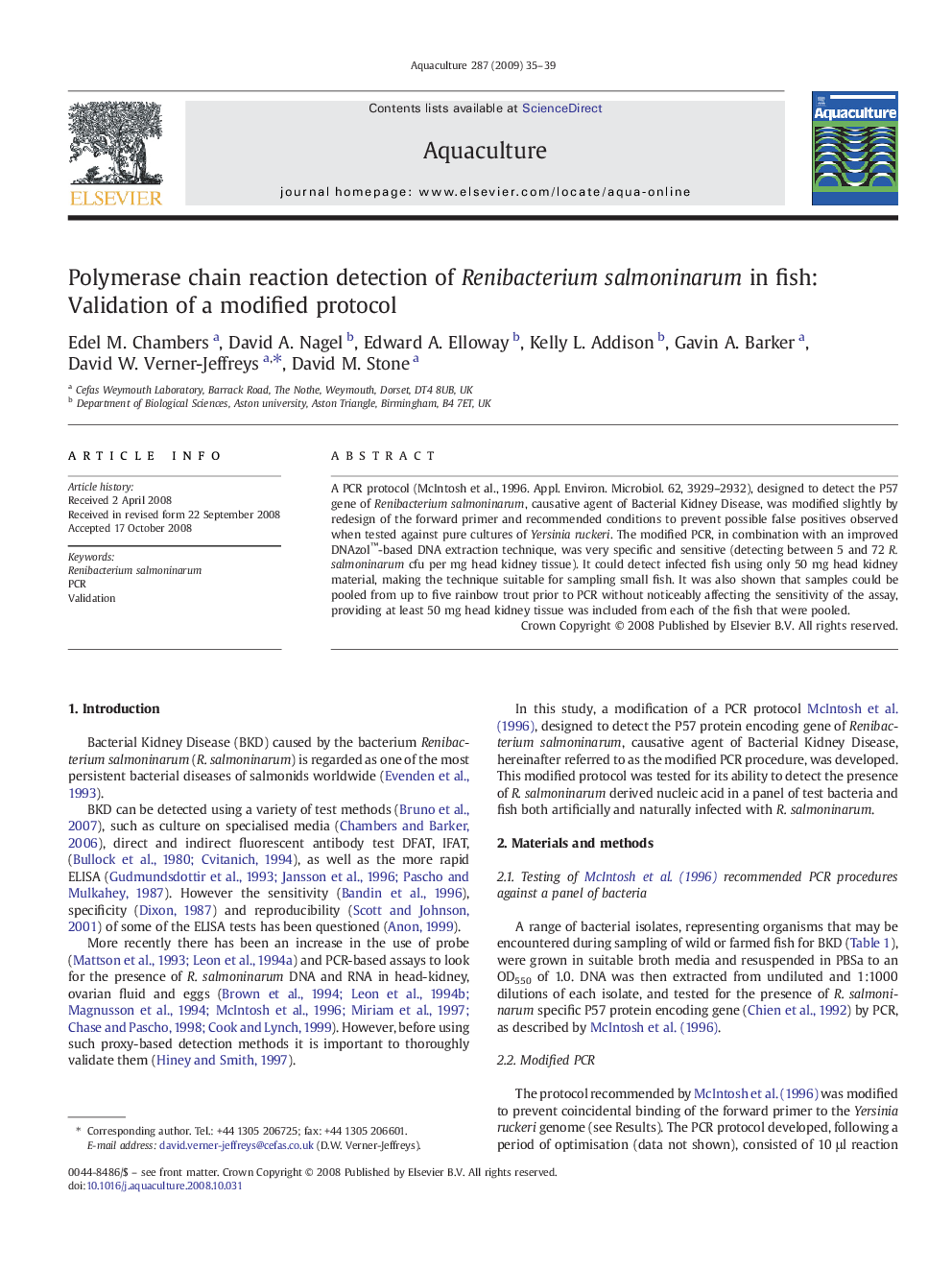 Polymerase chain reaction detection of Renibacterium salmoninarum in fish: Validation of a modified protocol