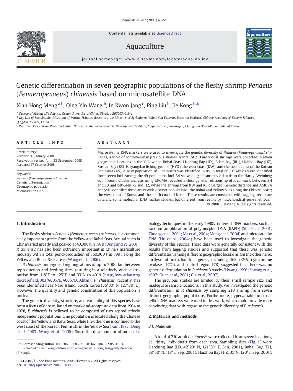 Genetic differentiation in seven geographic populations of the fleshy shrimp Penaeus (Fenneropenaeus) chinensis based on microsatellite DNA