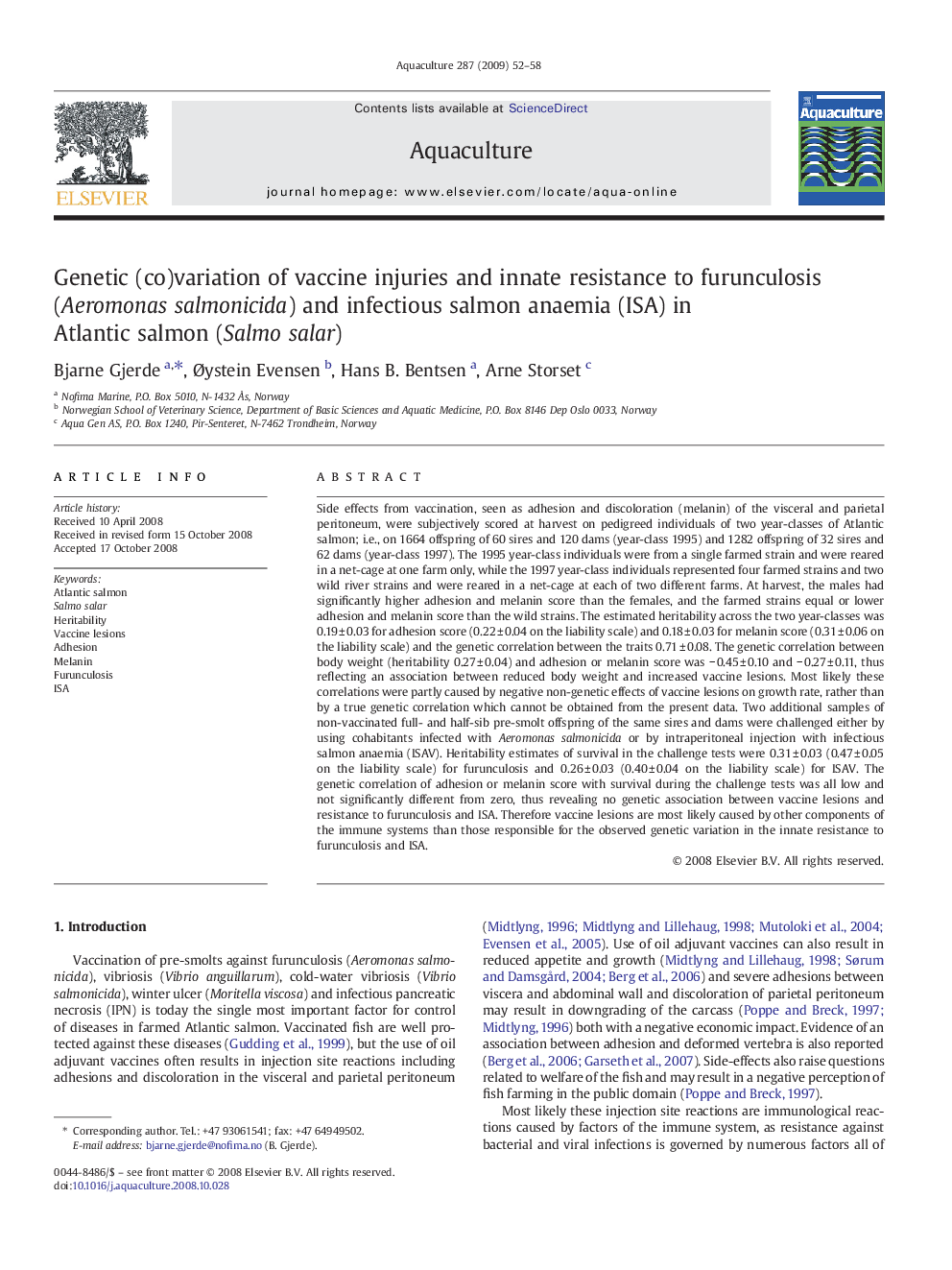 Genetic (co)variation of vaccine injuries and innate resistance to furunculosis (Aeromonas salmonicida) and infectious salmon anaemia (ISA) in Atlantic salmon (Salmo salar)