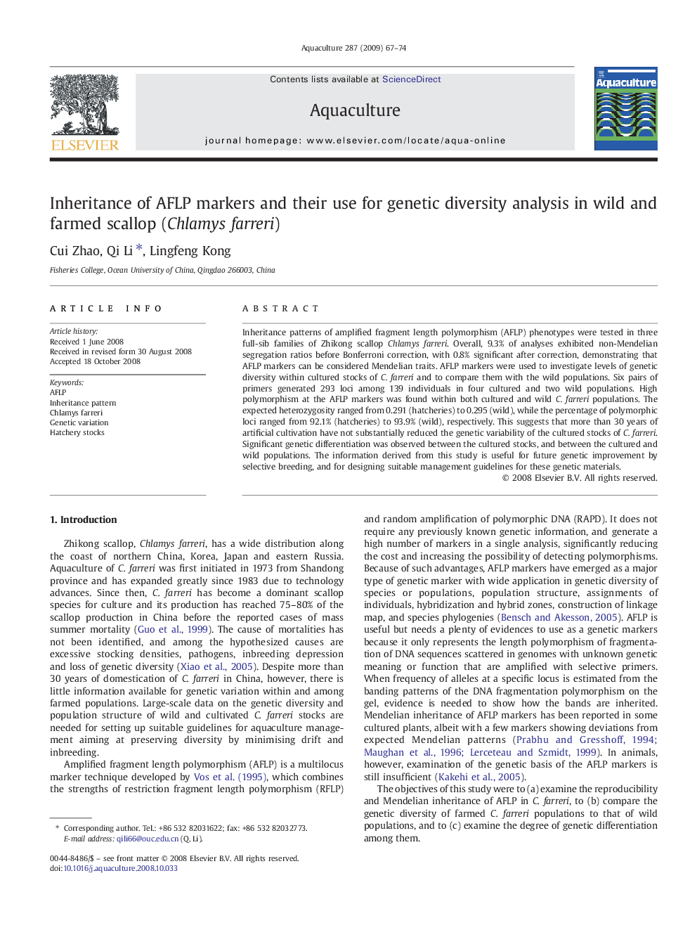 Inheritance of AFLP markers and their use for genetic diversity analysis in wild and farmed scallop (Chlamys farreri)