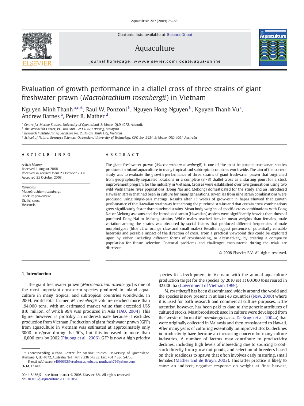 Evaluation of growth performance in a diallel cross of three strains of giant freshwater prawn (Macrobrachium rosenbergii) in Vietnam