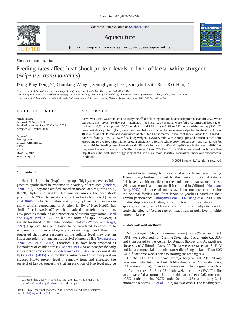 Feeding rates affect heat shock protein levels in liver of larval white sturgeon(Acipenser transmontanus)