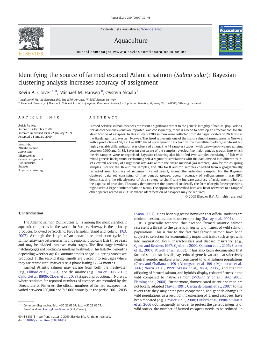 Identifying the source of farmed escaped Atlantic salmon (Salmo salar): Bayesian clustering analysis increases accuracy of assignment