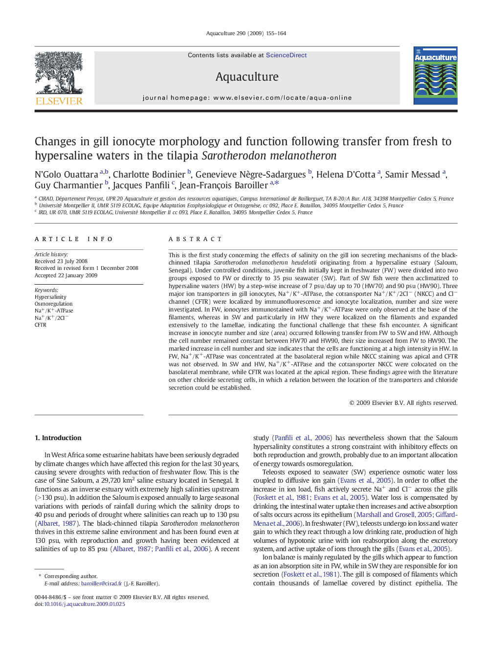عکس صفحه اول مقاله: Changes in gill ionocyte morphology and function following transfer from fresh to hypersaline waters in the tilapia Sarotherodon melanotheron Changes in gill ionocyte morphology and function following transfer from fresh to hypersaline waters in the tilapia Sarotherodon melanotheron