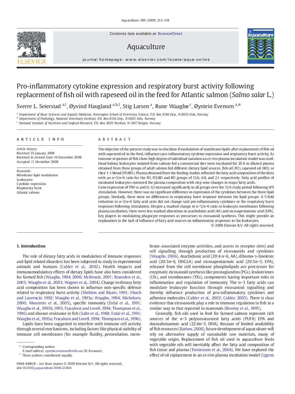 Pro-inflammatory cytokine expression and respiratory burst activity following replacement of fish oil with rapeseed oil in the feed for Atlantic salmon (Salmo salar L.)