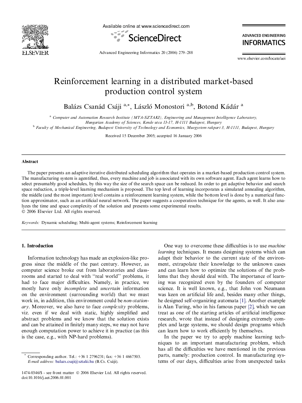 Reinforcement learning in a distributed market-based production control system