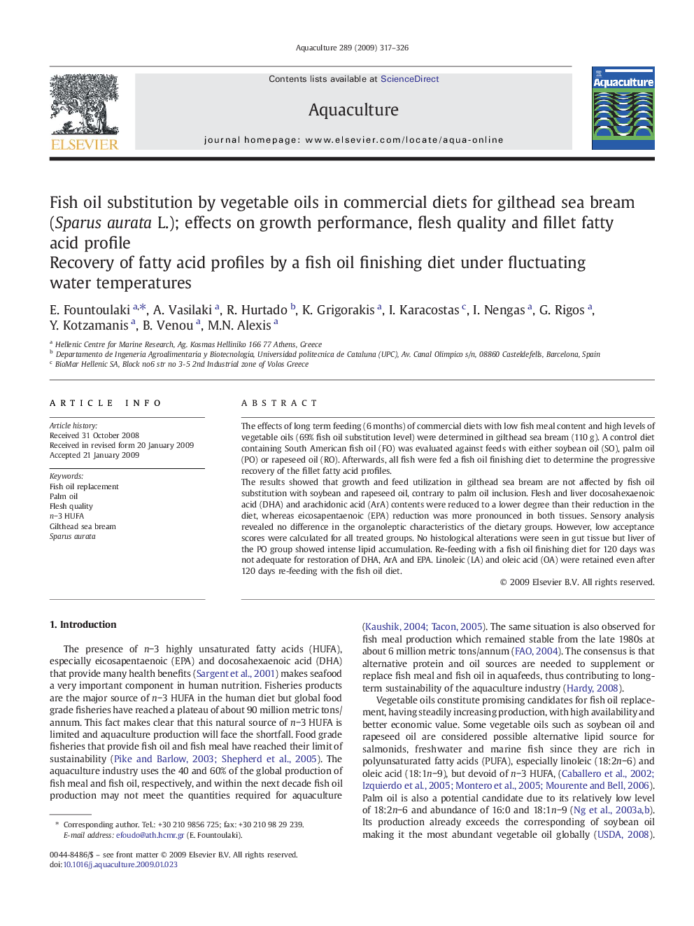 Fish oil substitution by vegetable oils in commercial diets for gilthead sea bream (Sparus aurata L.); effects on growth performance, flesh quality and fillet fatty acid profile: Recovery of fatty acid profiles by a fish oil finishing diet under fluctuati