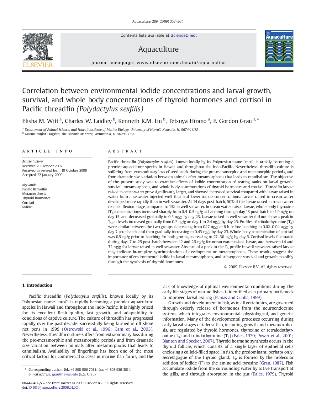 Correlation between environmental iodide concentrations and larval growth, survival, and whole body concentrations of thyroid hormones and cortisol in Pacific threadfin (Polydactylus sexfilis)