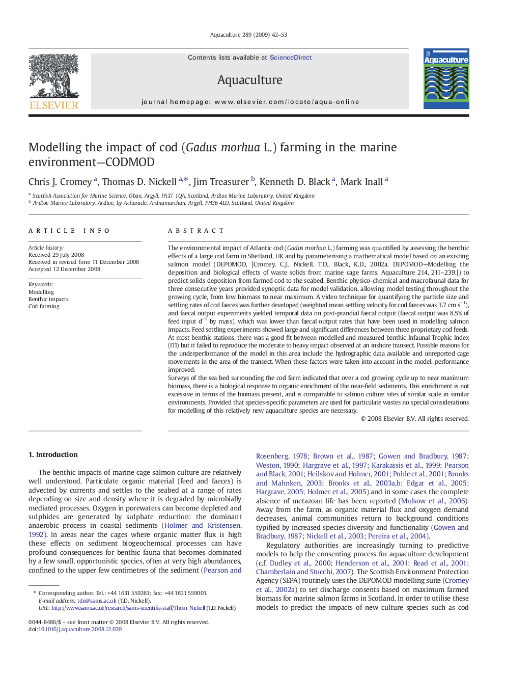 Modelling the impact of cod (Gadus morhua L.) farming in the marine environment—CODMOD