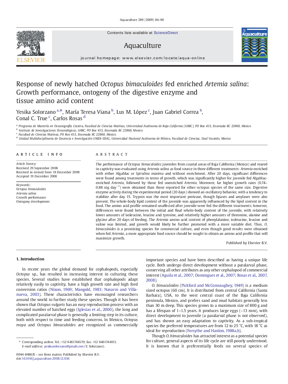 Response of newly hatched Octopus bimaculoides fed enriched Artemia salina: Growth performance, ontogeny of the digestive enzyme and tissue amino acid content