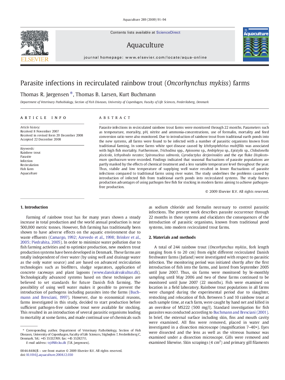 Parasite infections in recirculated rainbow trout (Oncorhynchus mykiss) farms