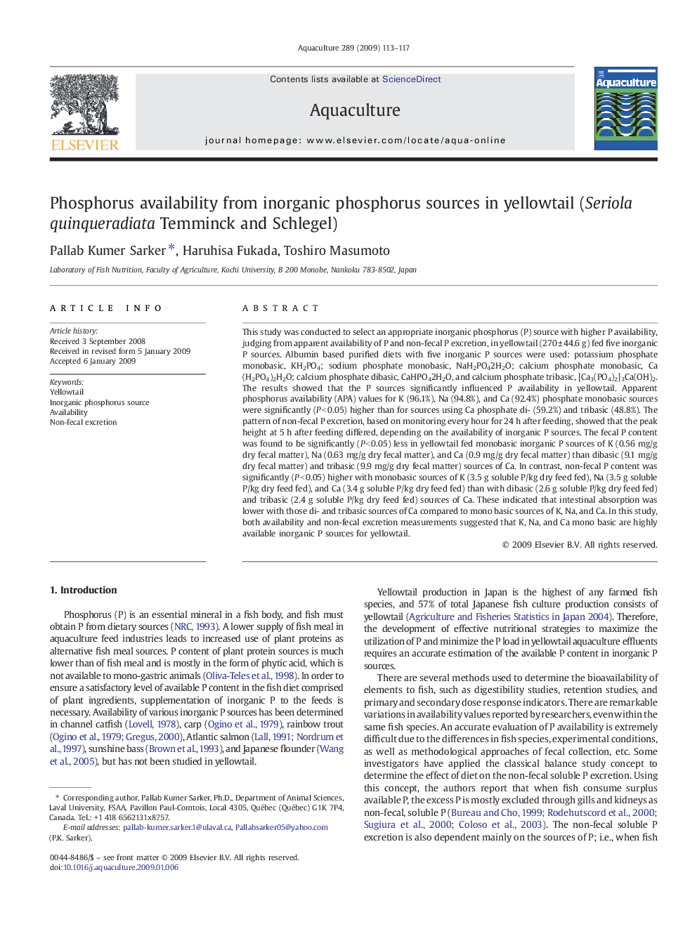 Phosphorus availability from inorganic phosphorus sources in yellowtail (Seriola quinqueradiata Temminck and Schlegel)