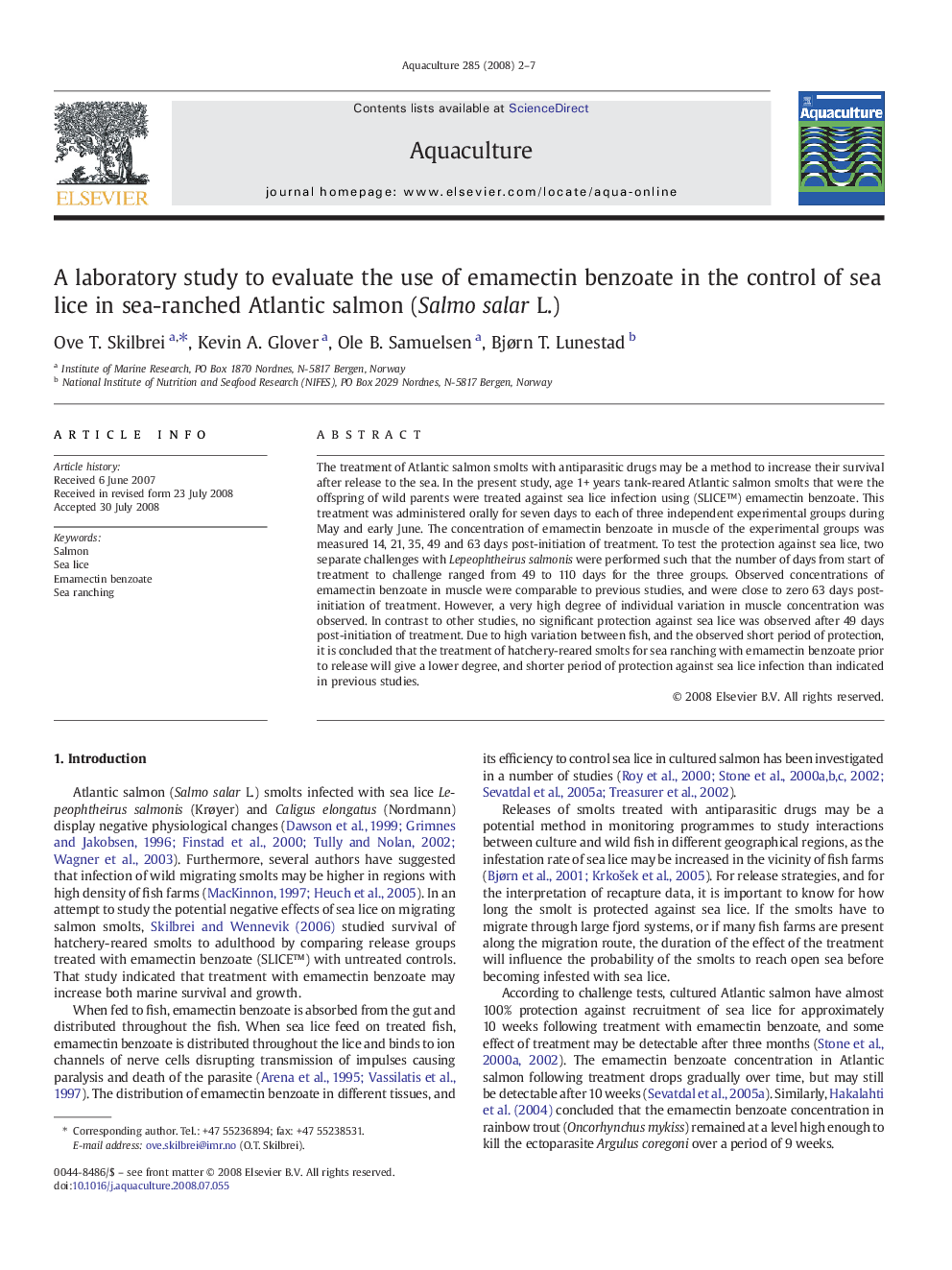 A laboratory study to evaluate the use of emamectin benzoate in the control of sea lice in sea-ranched Atlantic salmon (Salmo salar L.)