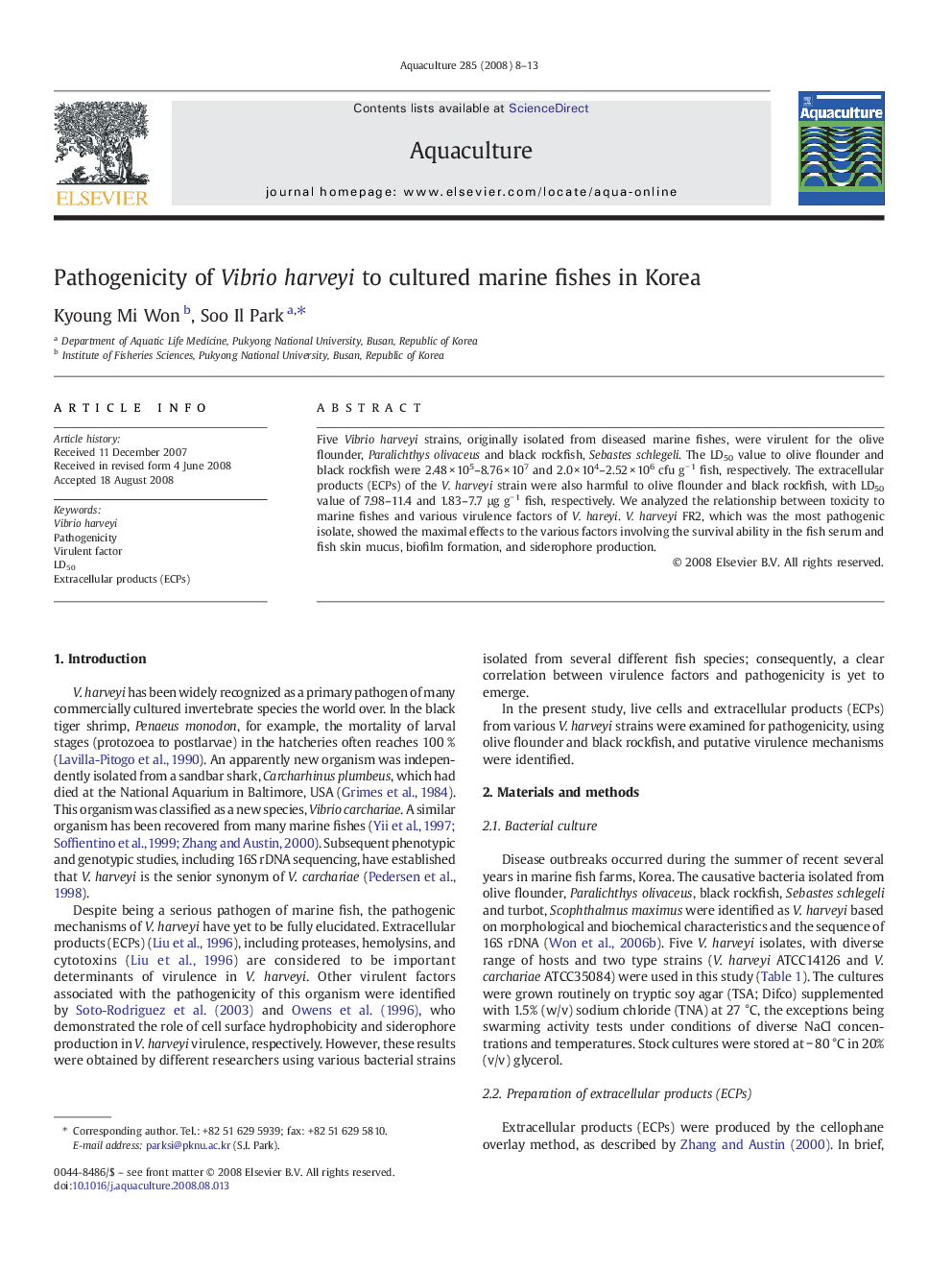 Pathogenicity of Vibrio harveyi to cultured marine fishes in Korea