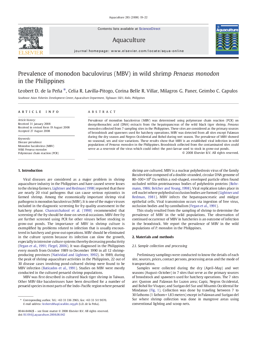 Prevalence of monodon baculovirus (MBV) in wild shrimp Penaeus monodon in the Philippines