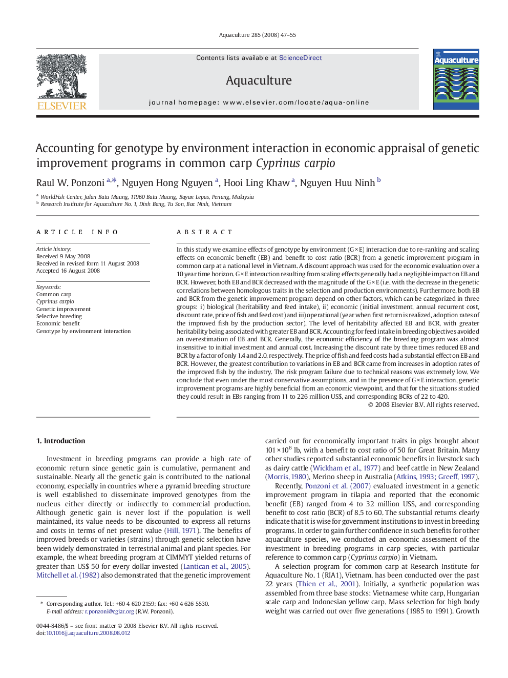 Accounting for genotype by environment interaction in economic appraisal of genetic improvement programs in common carp Cyprinus carpio