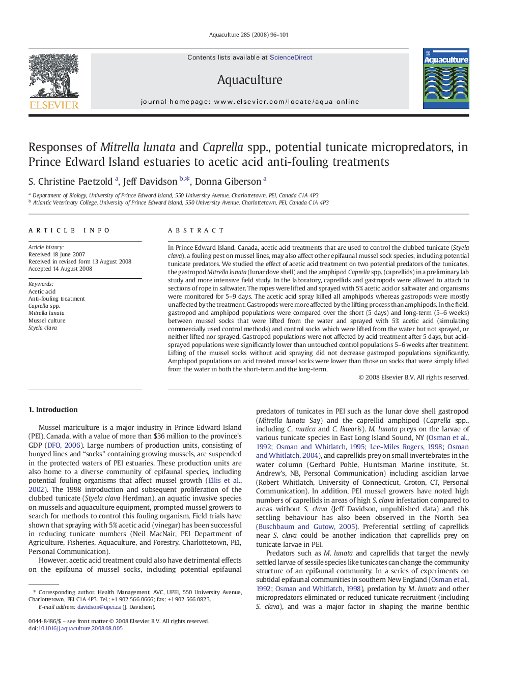 Responses of Mitrella lunata and Caprella spp., potential tunicate micropredators, in Prince Edward Island estuaries to acetic acid anti-fouling treatments