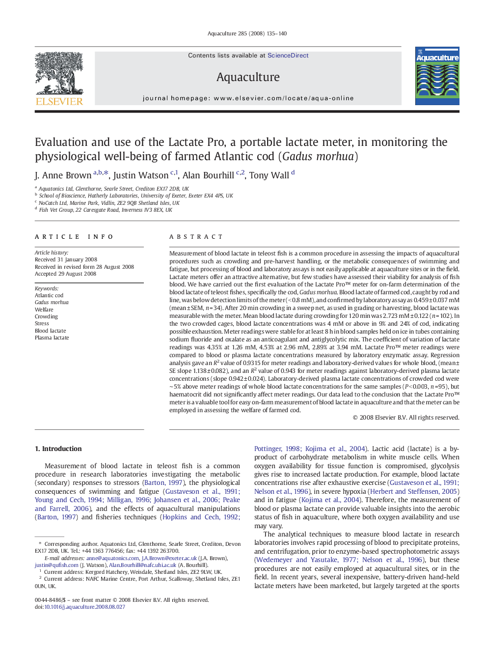 Evaluation and use of the Lactate Pro, a portable lactate meter, in monitoring the physiological well-being of farmed Atlantic cod (Gadus morhua)