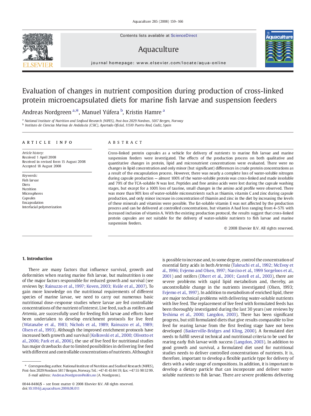 Evaluation of changes in nutrient composition during production of cross-linked protein microencapsulated diets for marine fish larvae and suspension feeders