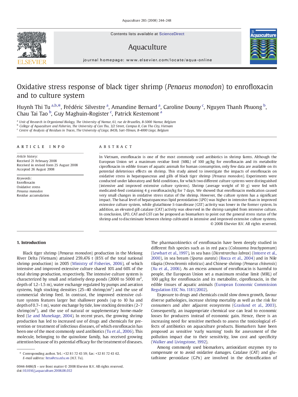 Oxidative stress response of black tiger shrimp (Penaeus monodon) to enrofloxacin and to culture system