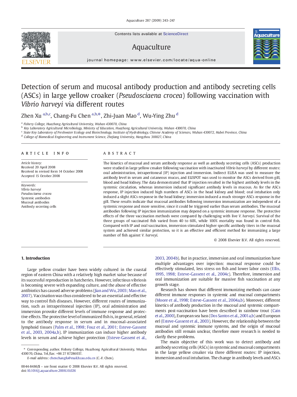 Detection of serum and mucosal antibody production and antibody secreting cells (ASCs) in large yellow croaker (Pseudosciaena crocea) following vaccination with Vibrio harveyi via different routes