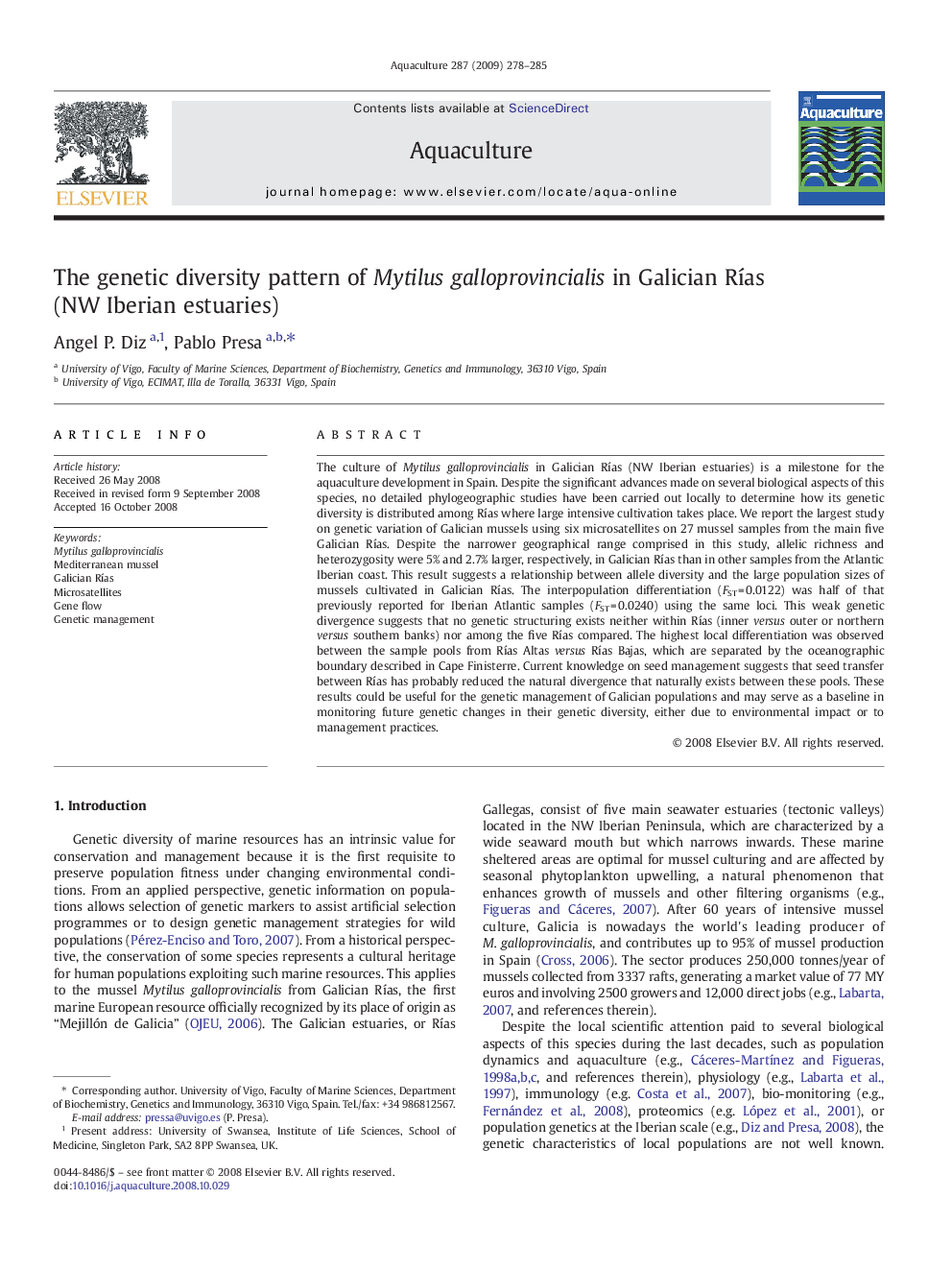 The genetic diversity pattern of Mytilus galloprovincialis in Galician Rías (NW Iberian estuaries)