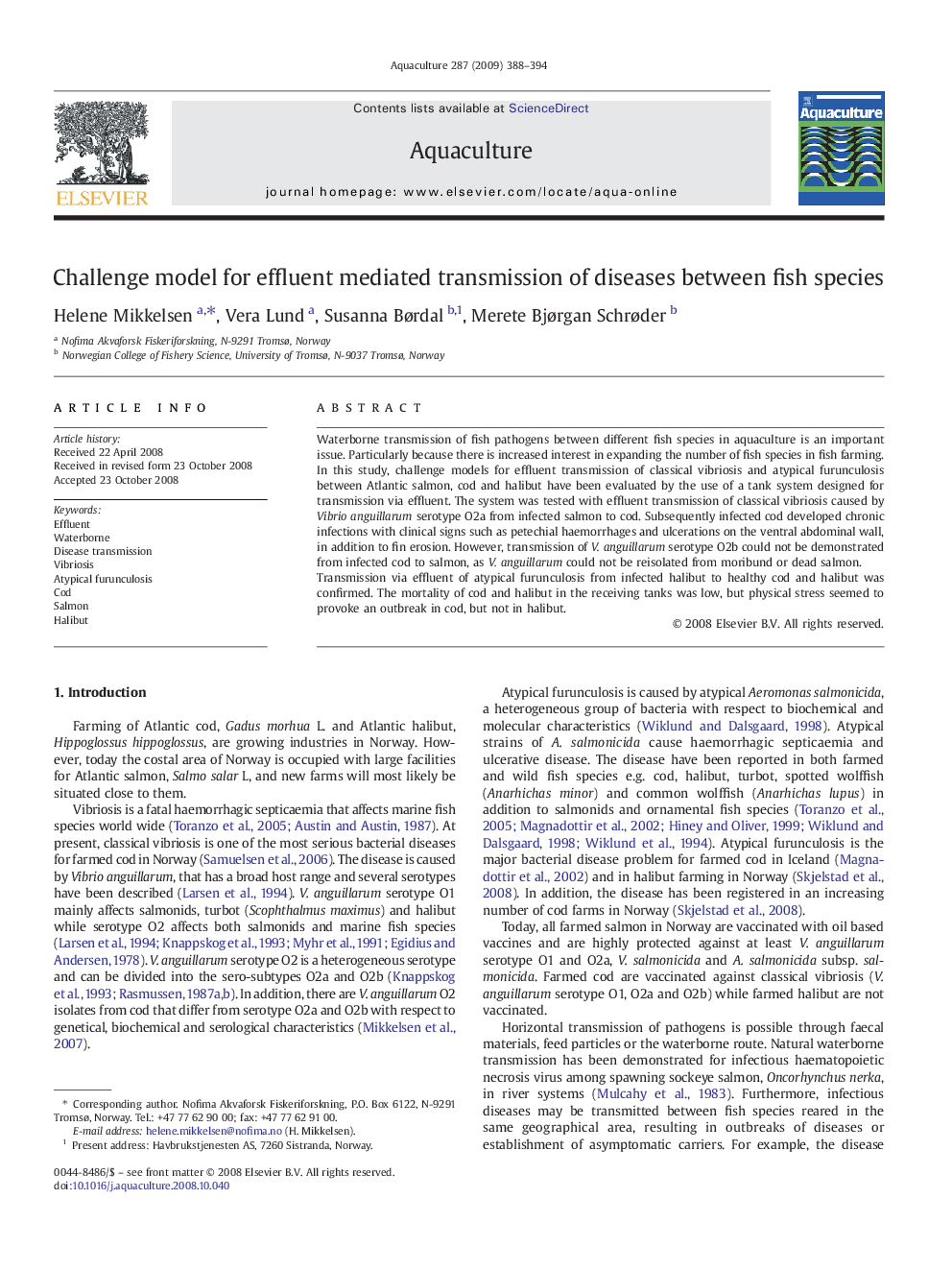 Challenge model for effluent mediated transmission of diseases between fish species