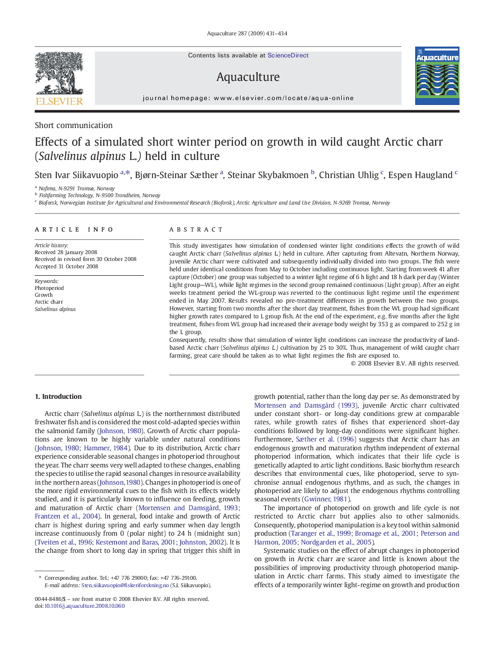 Effects of a simulated short winter period on growth in wild caught Arctic charr (Salvelinus alpinus L.) held in culture