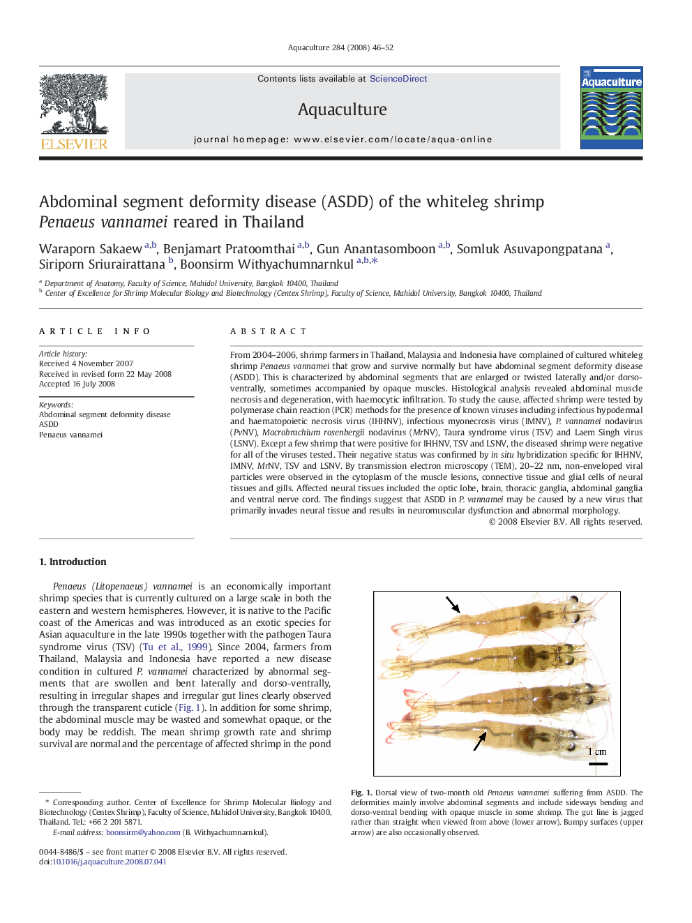 Abdominal segment deformity disease (ASDD) of the whiteleg shrimp Penaeus vannamei reared in Thailand