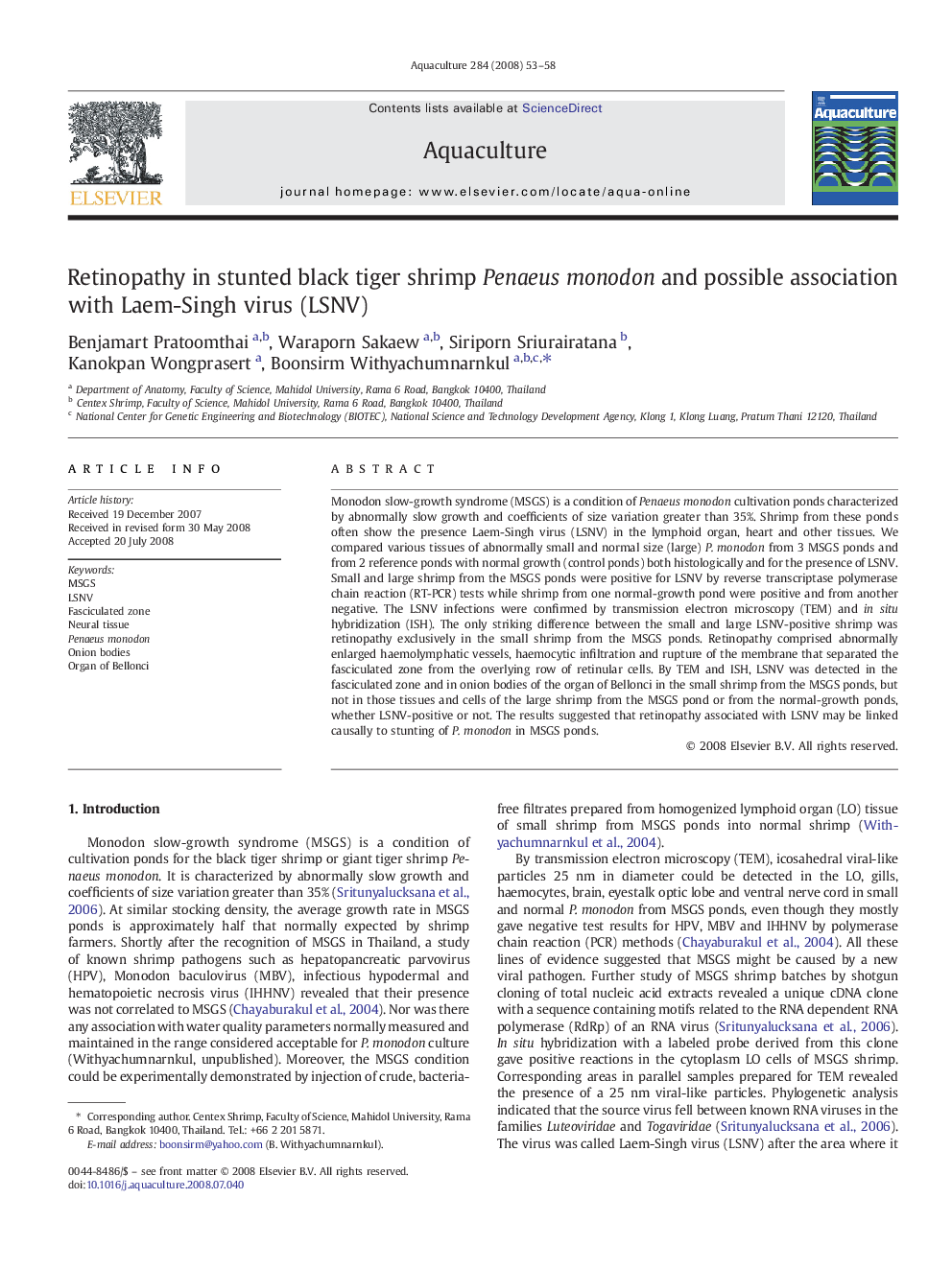 Retinopathy in stunted black tiger shrimp Penaeus monodon and possible association with Laem-Singh virus (LSNV)