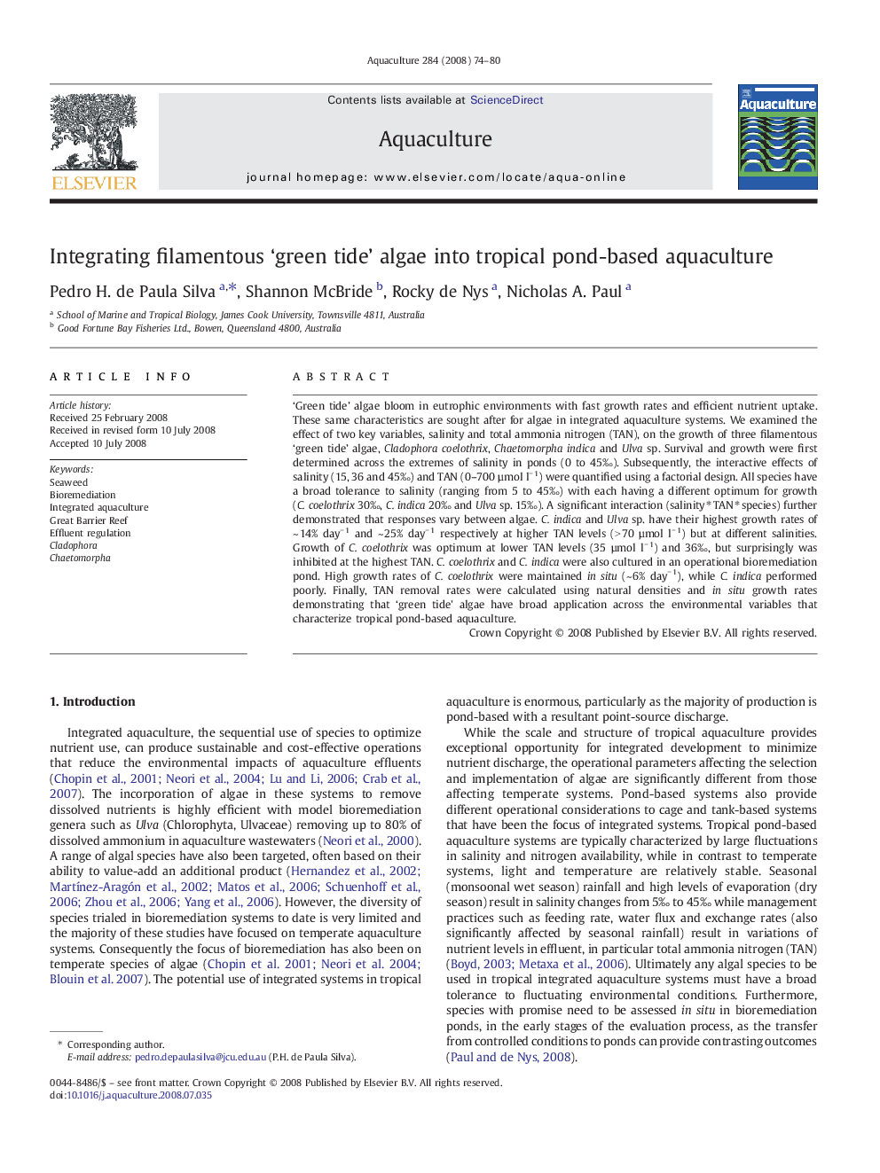 Integrating filamentous ‘green tide’ algae into tropical pond-based aquaculture