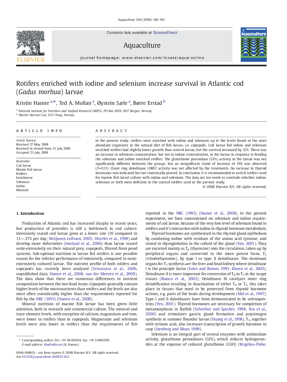 Rotifers enriched with iodine and selenium increase survival in Atlantic cod (Gadus morhua) larvae