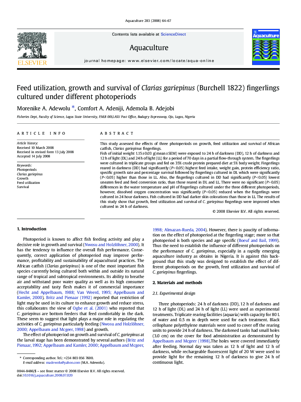 Feed utilization, growth and survival of Clarias gariepinus (Burchell 1822) fingerlings cultured under different photoperiods