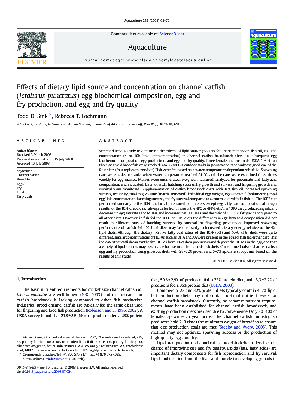 Effects of dietary lipid source and concentration on channel catfish (Ictalurus punctatus) egg biochemical composition, egg and fry production, and egg and fry quality