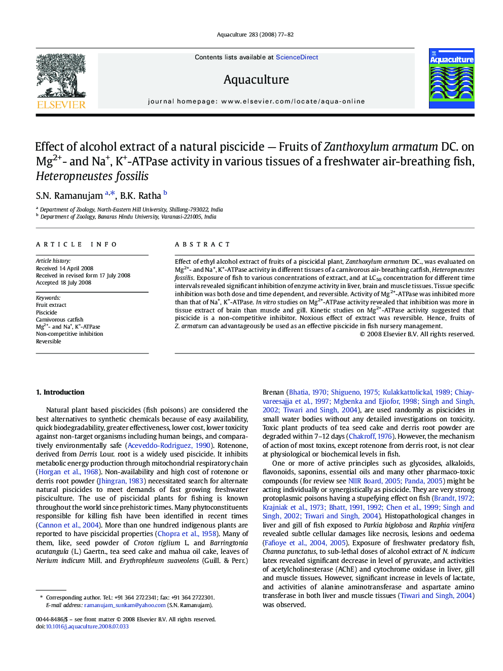 Effect of alcohol extract of a natural piscicide — Fruits of Zanthoxylum armatum DC. on Mg2+- and Na+, K+-ATPase activity in various tissues of a freshwater air-breathing fish, Heteropneustes fossilis