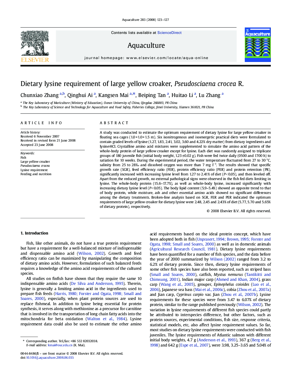 Dietary lysine requirement of large yellow croaker, Pseudosciaena crocea R.