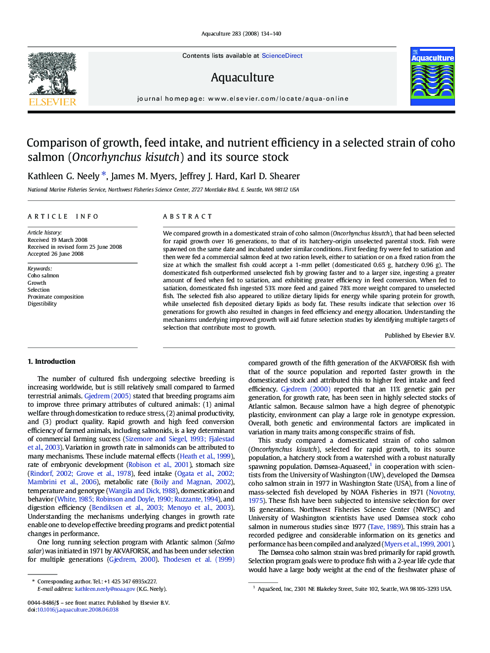 Comparison of growth, feed intake, and nutrient efficiency in a selected strain of coho salmon (Oncorhynchus kisutch) and its source stock