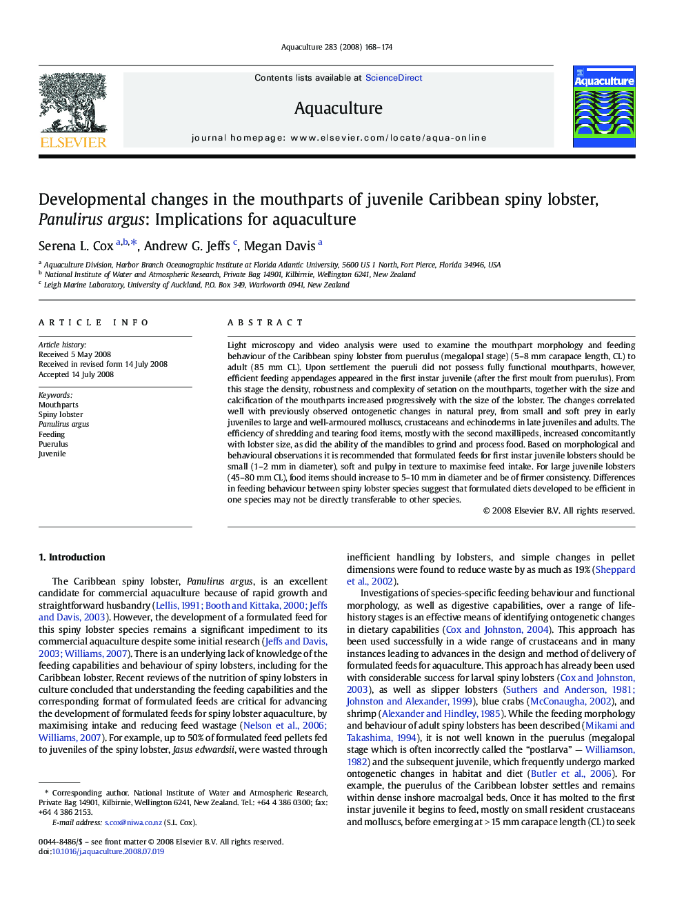 Developmental changes in the mouthparts of juvenile Caribbean spiny lobster, Panulirus argus: Implications for aquaculture