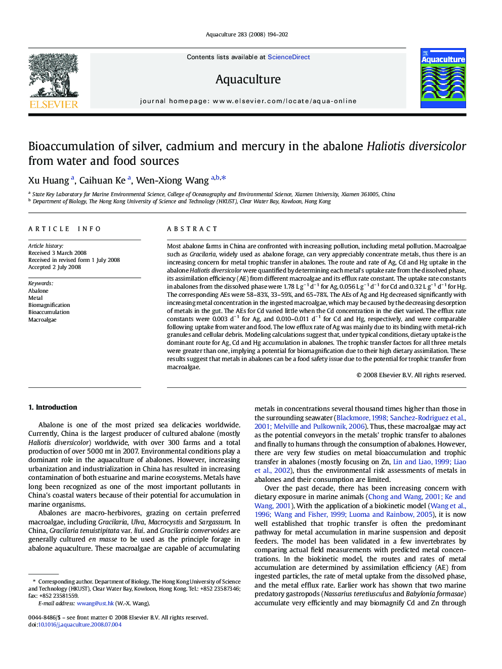 Bioaccumulation of silver, cadmium and mercury in the abalone Haliotis diversicolor from water and food sources