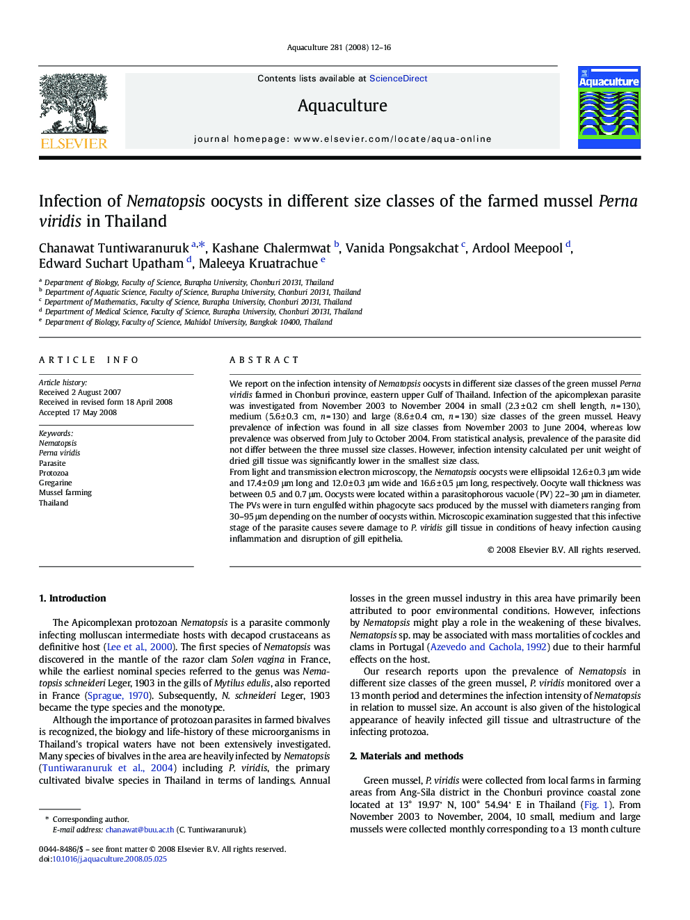 Infection of Nematopsis oocysts in different size classes of the farmed mussel Perna viridis in Thailand